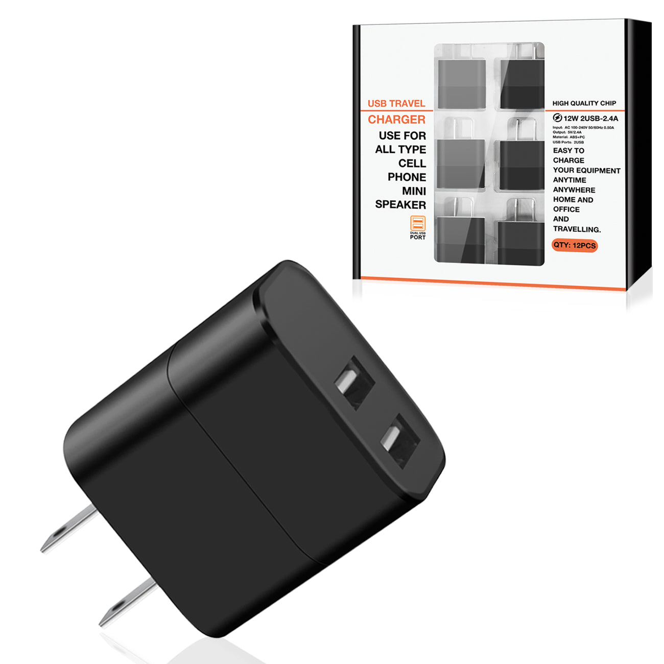 Wall Charger/ Power Adapter/ Charging Block USB Dual Port Black Color (12pcs)