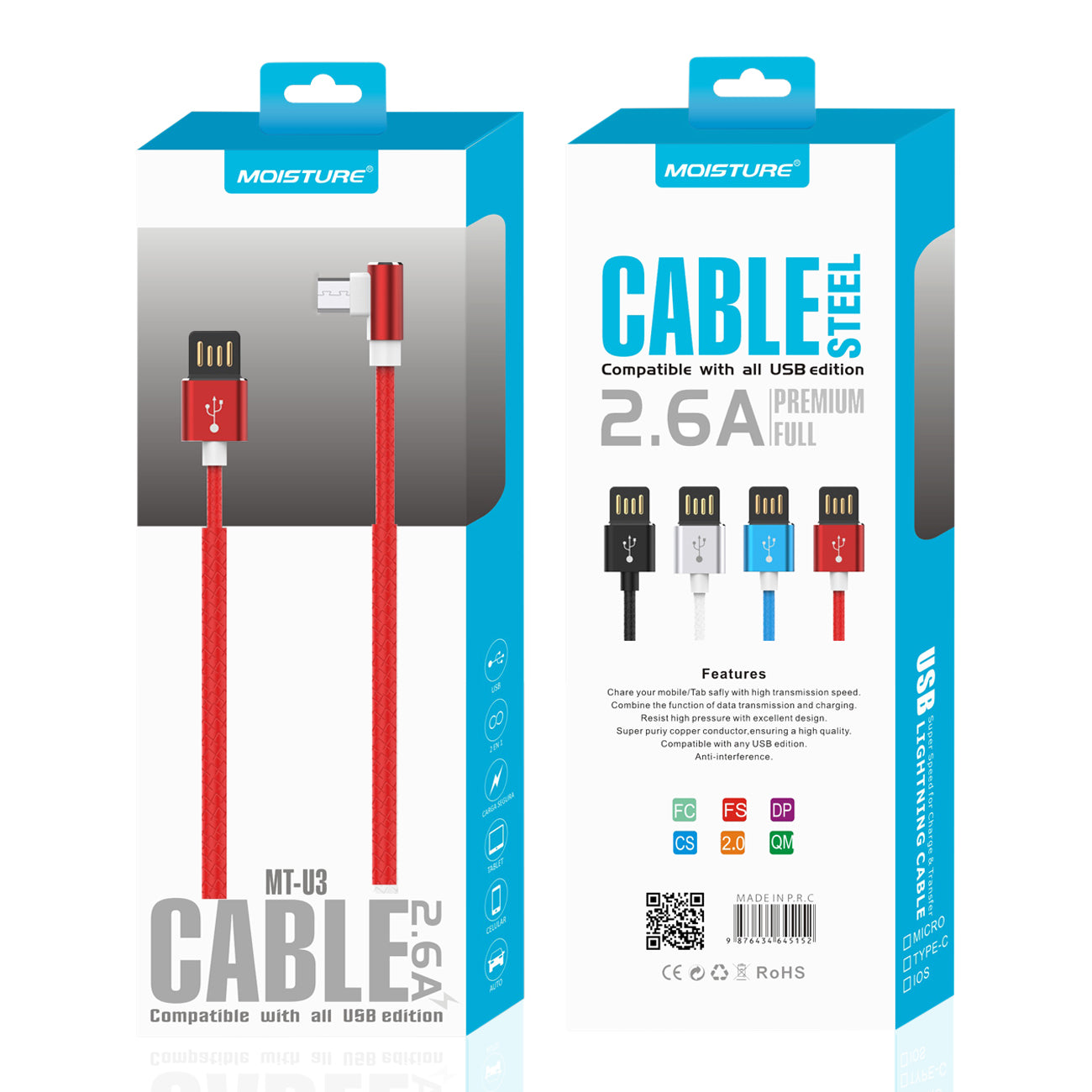 Cable Micro USB Premium Full Steel Moisture 2.6A Red Color