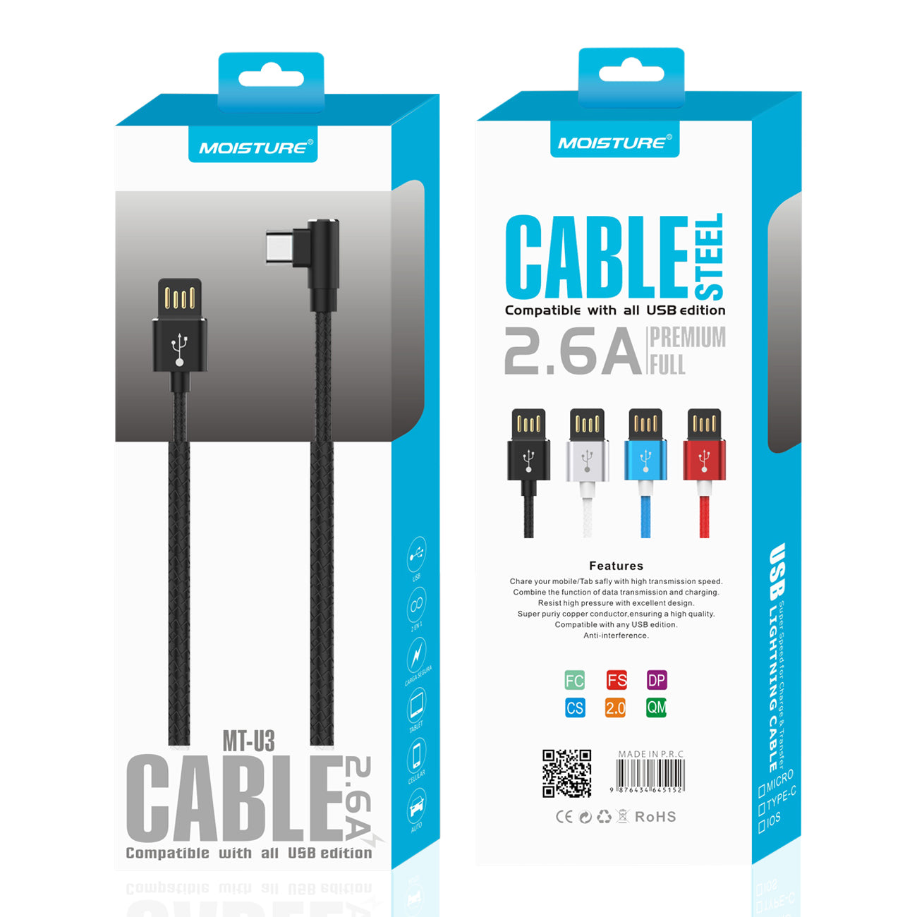 Cable USB To Type C Premium Full Steel Moisture 2.6A Black Color