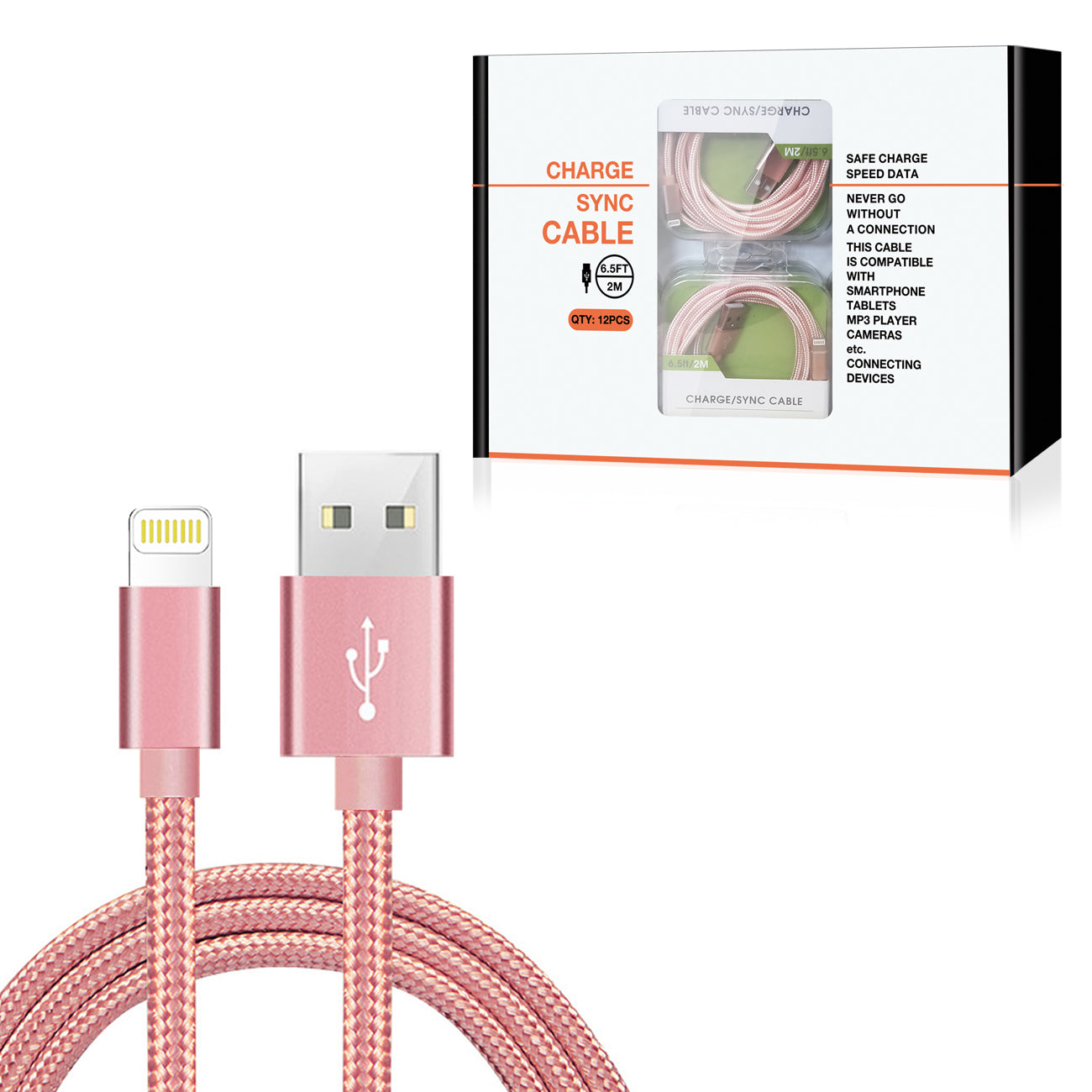 Charge/Sync Cable Fast 8-PIN 6.5Ft Rose Gold Color (12pcs)