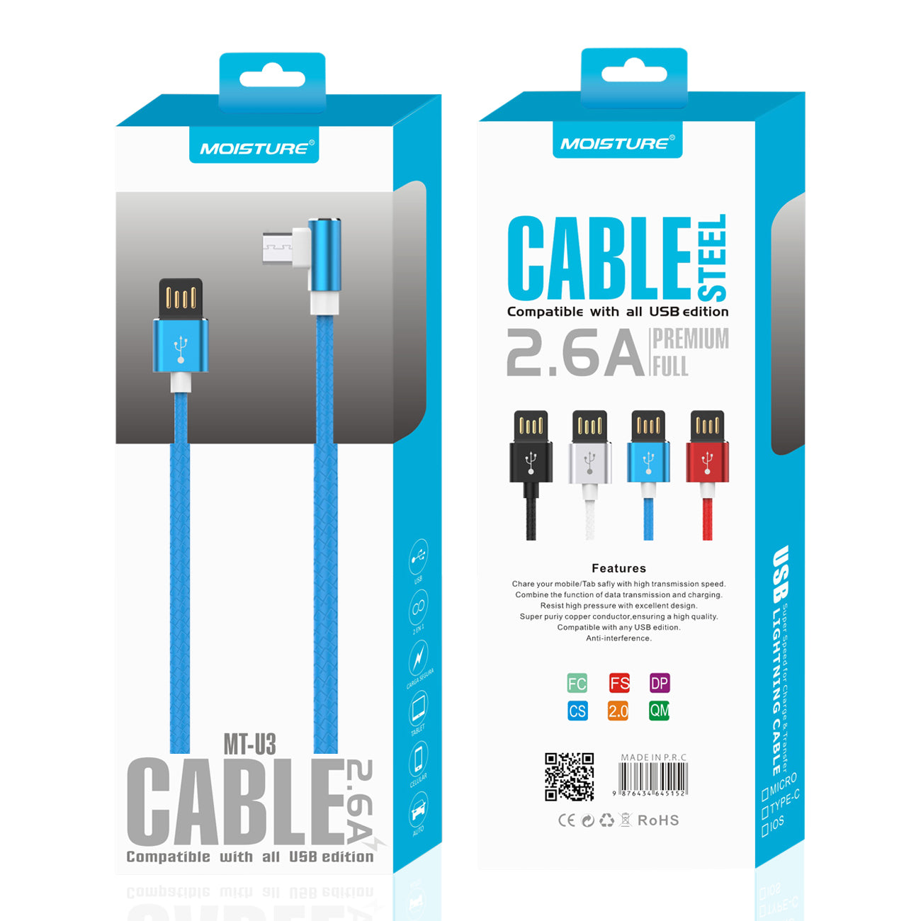Cable Micro USB Premium Full Steel Moisture 2.6A Blue Color