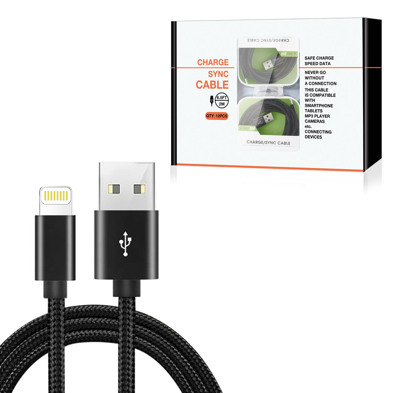Charge/Sync Cable Fast 8-PIN 6.5Ft Black Color (12pcs)