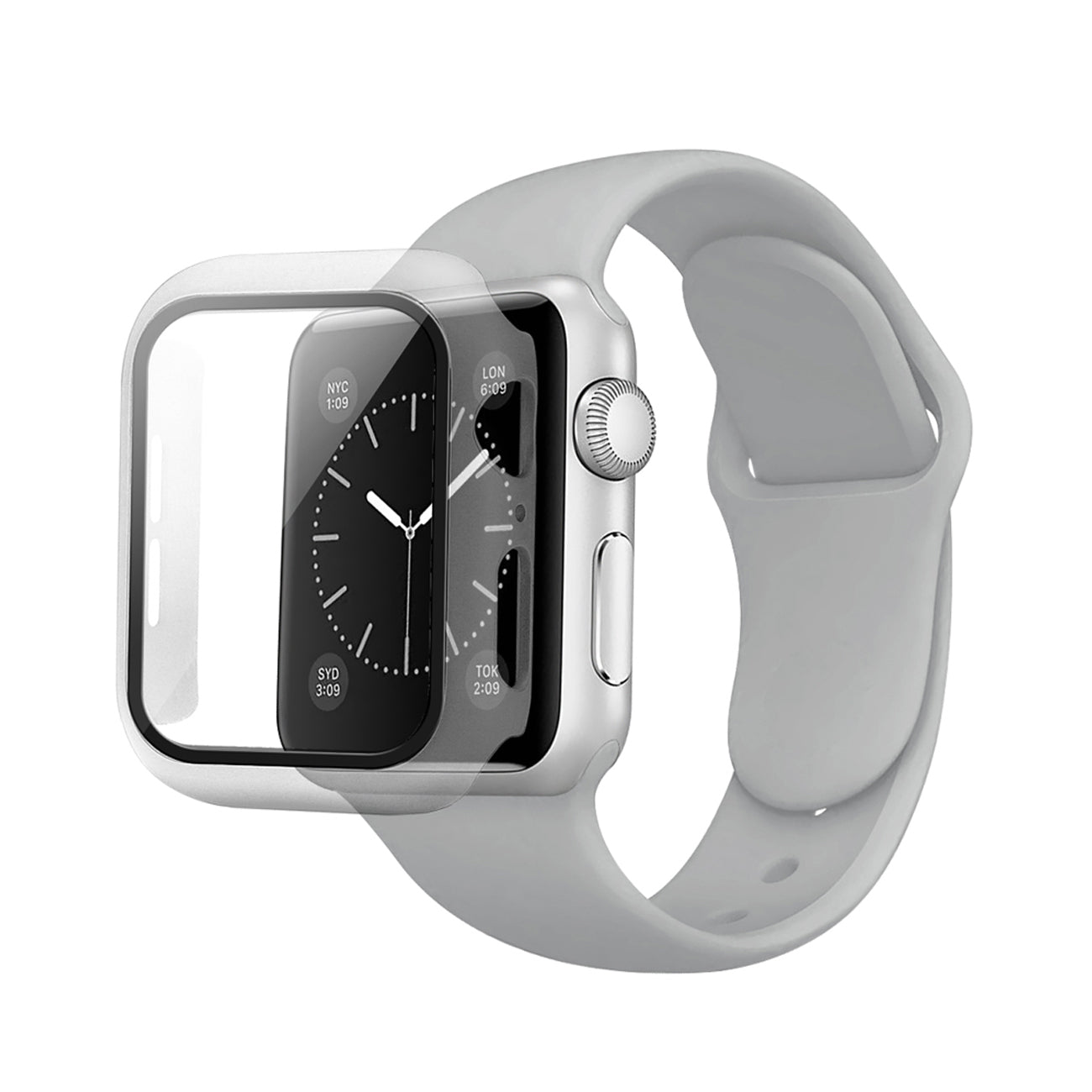 Watch Case PC With Glass Screen Protector Silicone Watch Band Apple Watch 45mm Gray Color