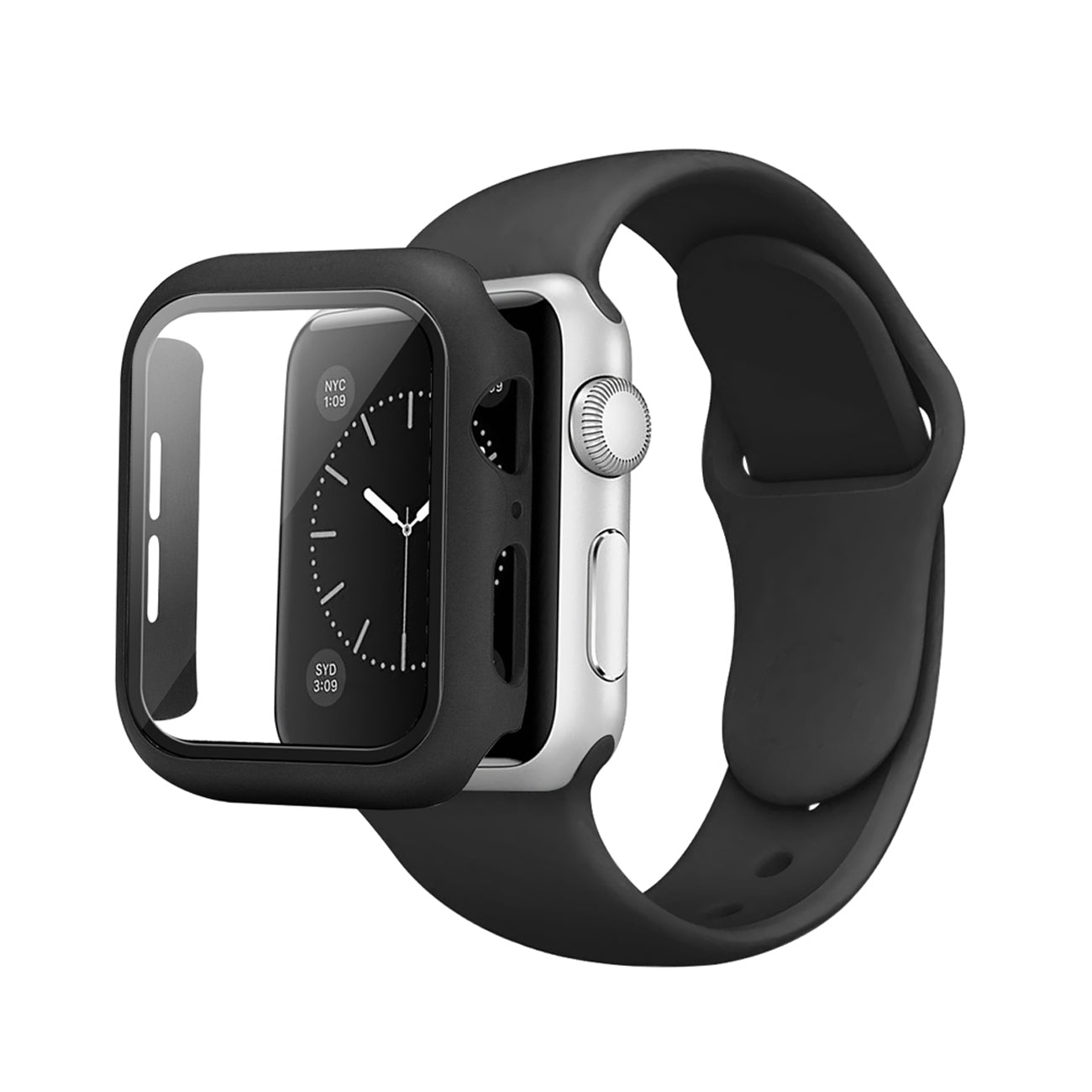 Watch Case PC With Glass Screen Protector Silicone Watch Band Apple Watch 45mm Black Color