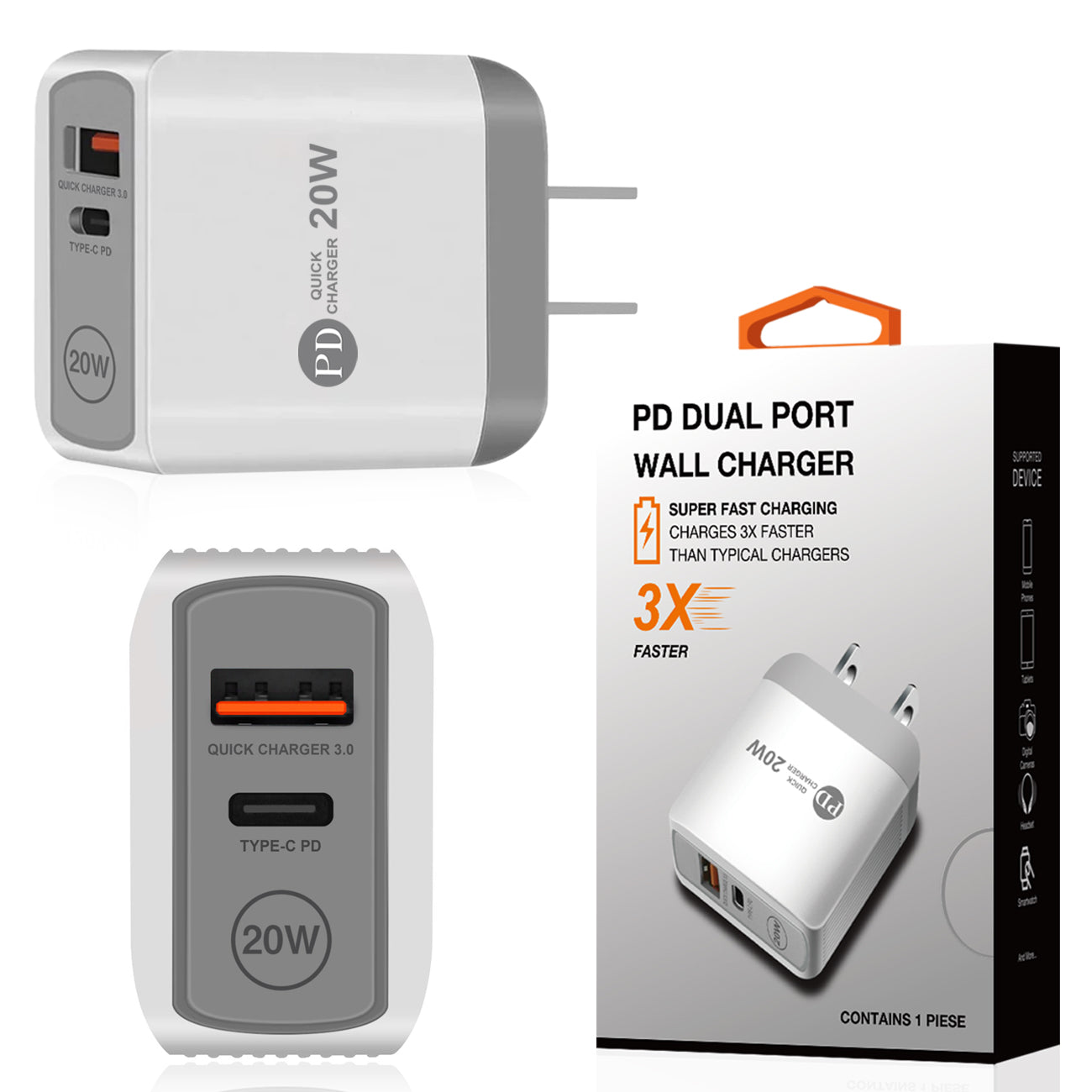 Travel Wall Charger Adapter USB Type-C Dual Ports 20W Power Delivery White Color