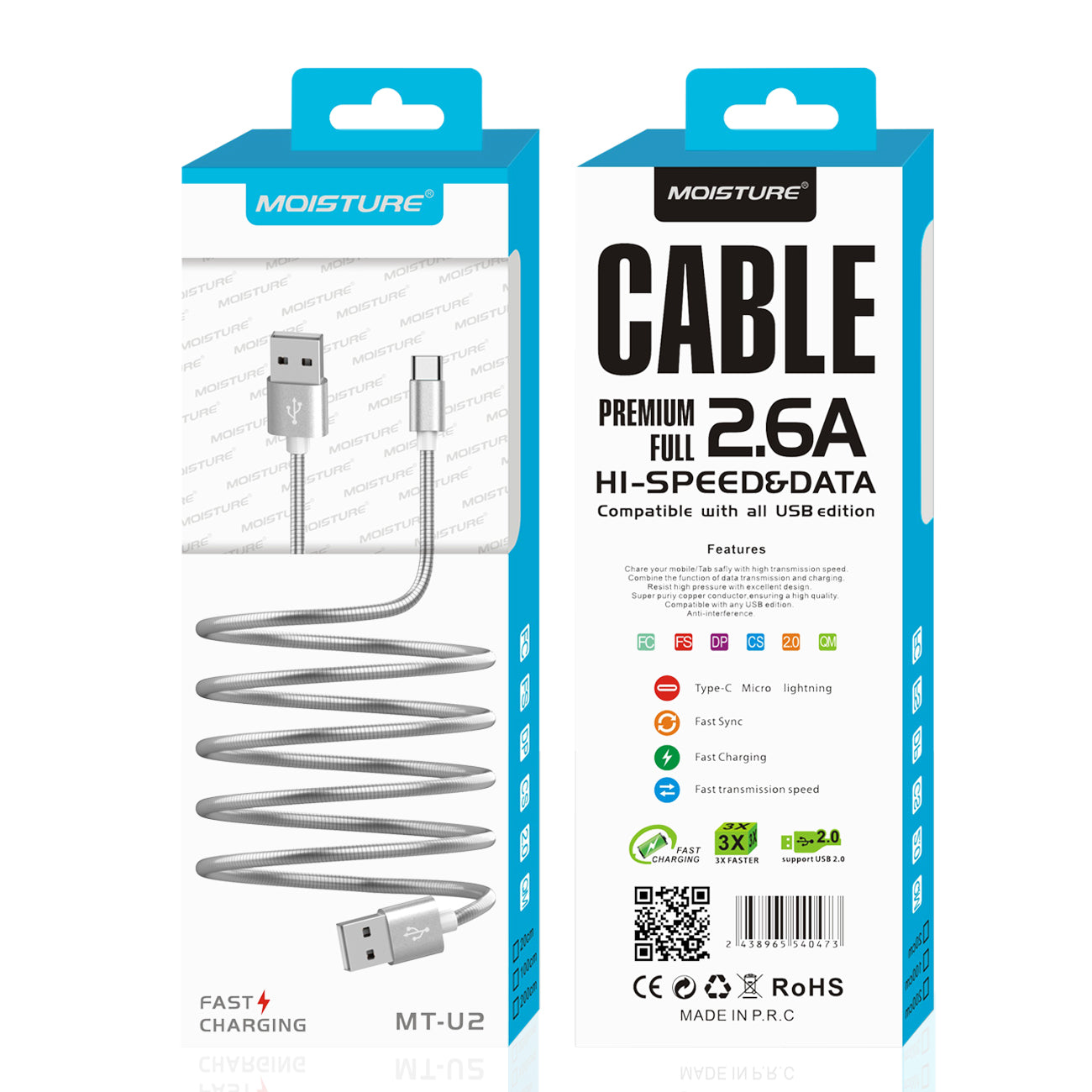 Data Cable Premium Full Hi-Speed Moisture 2.6A Silver Color