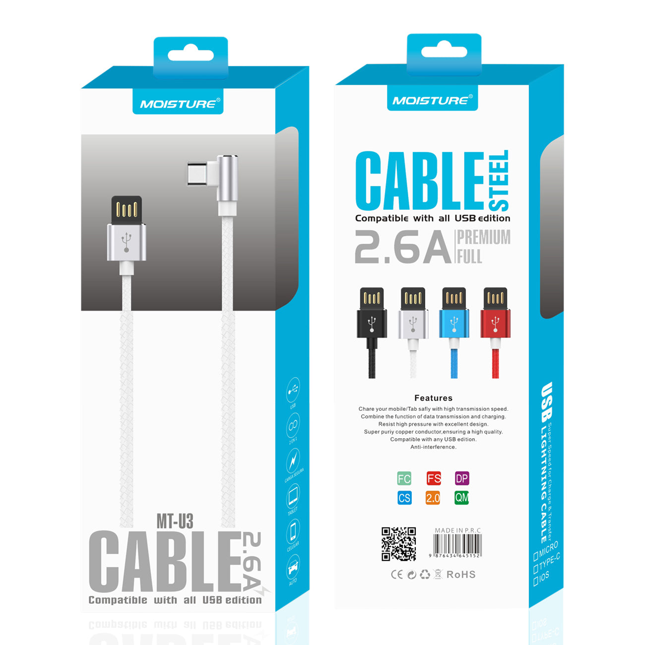 Cable USB To Type C Premium Full Steel Moisture 2.6A White Color