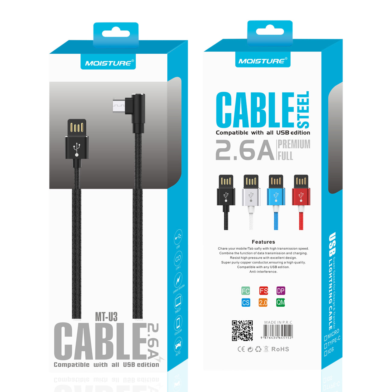 Cable Micro USB Premium Full Steel Moisture 2.6A Black Color