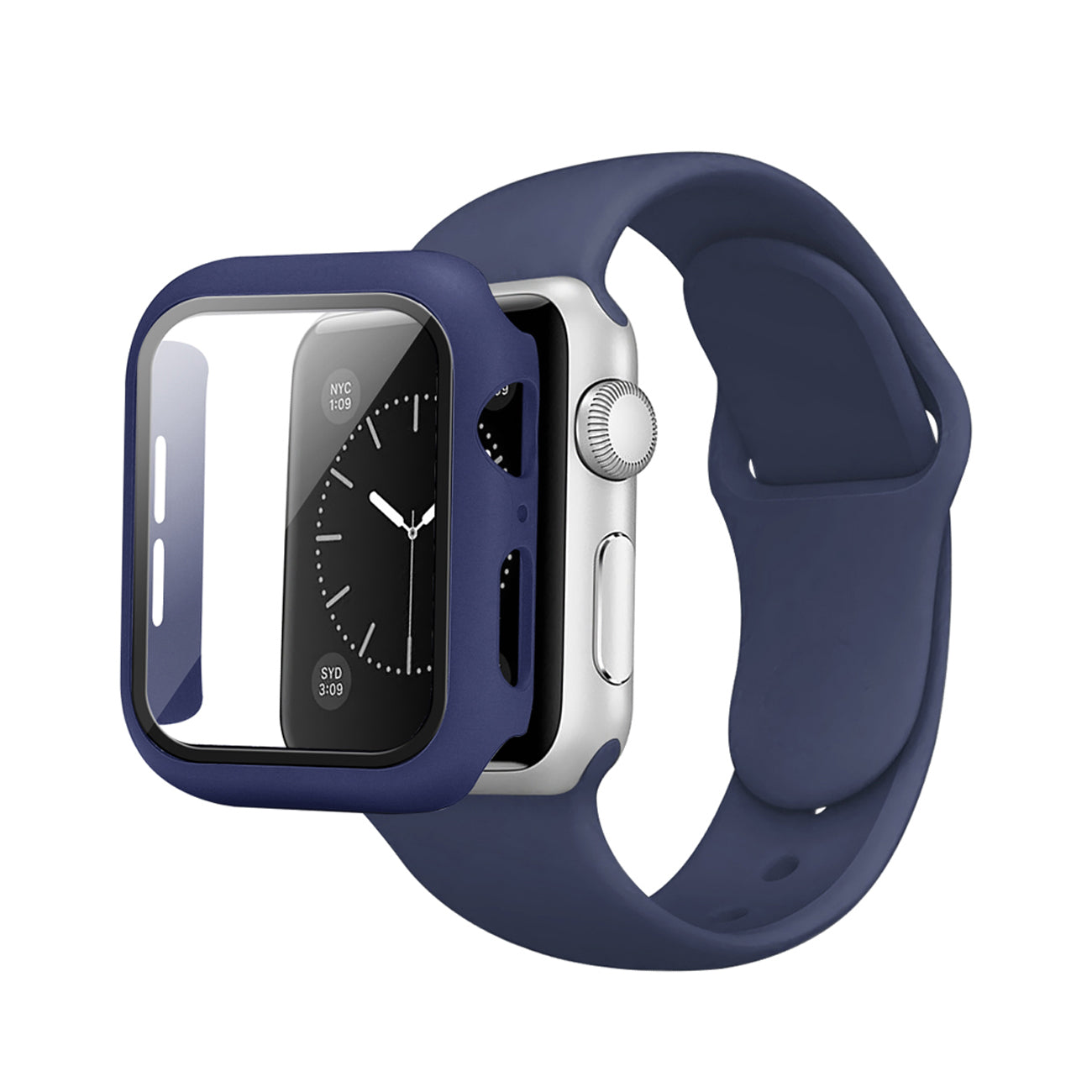 Watch Case PC With Glass Screen Protector, Silicone Watch Band Apple Watch 44mm Navy Color