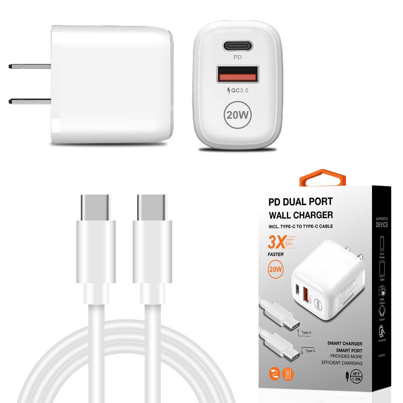 Travel Wall Charger Adapter Type-C to Type-C Cable Fast Charging PD Dual Ports