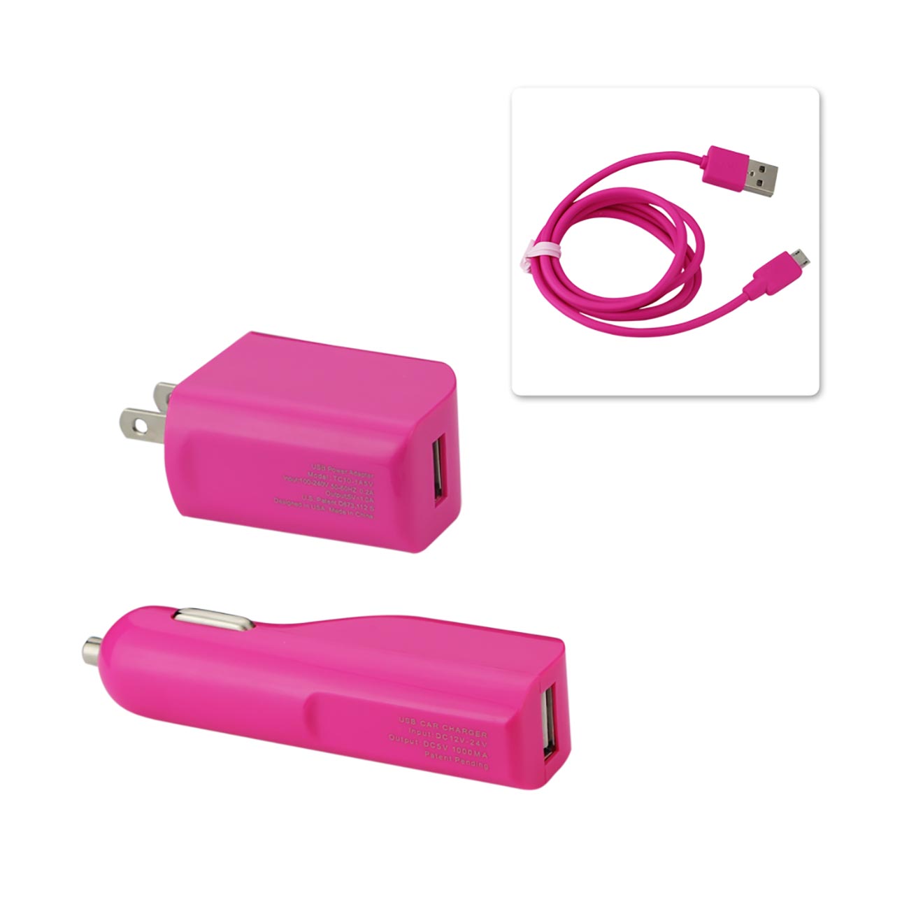 Car Charger Wall Adapter Micro With Cable USB 3-In-1 1A Hot Pink Color