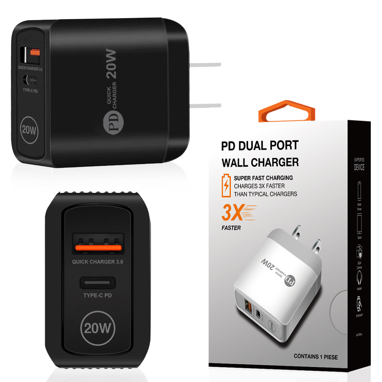 Travel Wall Charger Adapter USB Type-C Dual Ports 20W Power Delivery Black Color