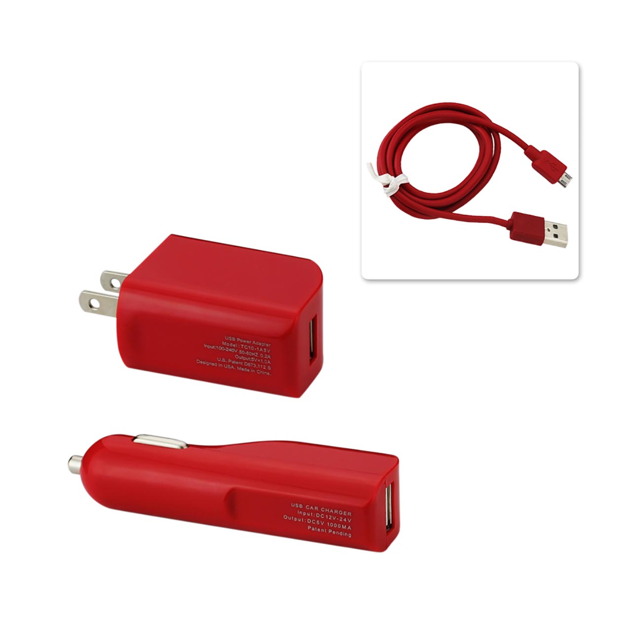 Car Charger Wall Adapter Micro With Cable USB 1A 3-In-1 Red Color