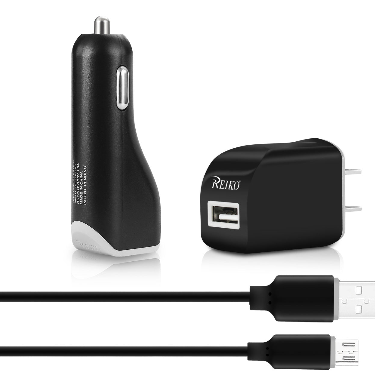 Car Charger Wall Adapter Micro With Cable USB 3-In-1 Reiko 1A Black Color