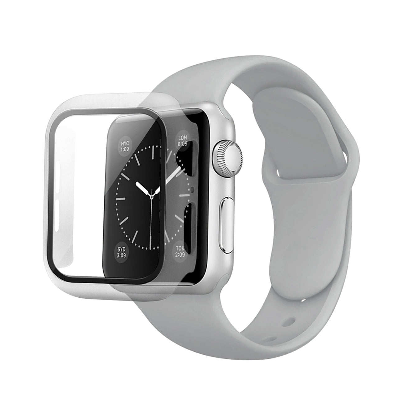 Watch Case PC With Glass Screen Protector, Silicone Watch Band Apple Watch 44mm Gray Color
