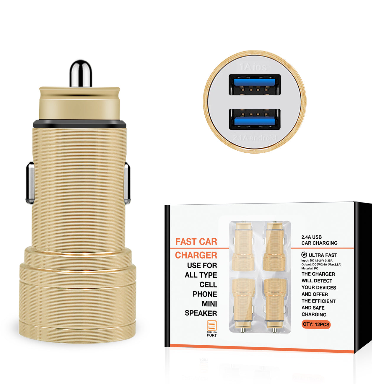 Car Charger/ Adapter USB Dual Port Gold Color (12Pcs)