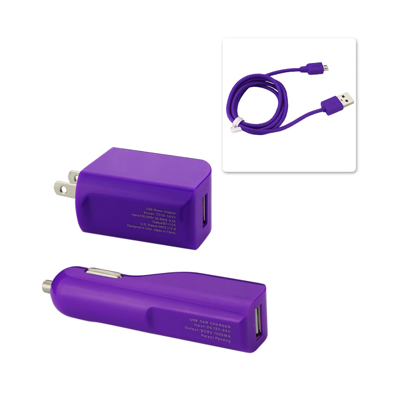 Car Charger Wall Adapter Micro With Cable USB 3-In-1 1A Purple Color