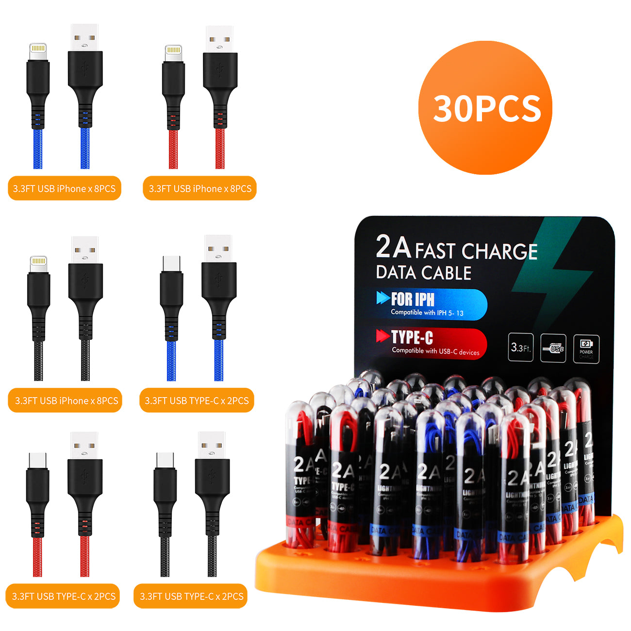 (Data Cable Fast Charge For iPhone And Type-C) Plastic Display Set 30 Pcs
