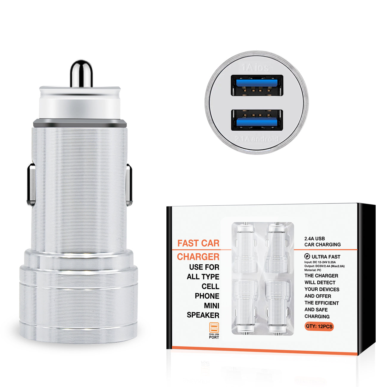 Dual Port USB Car Charger/ Adapter In Silver (12pcs)