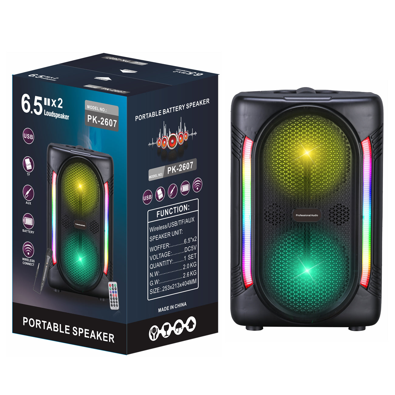 6.5"x2 Speaker with A charger line and wired mic,remote(PK-2607)