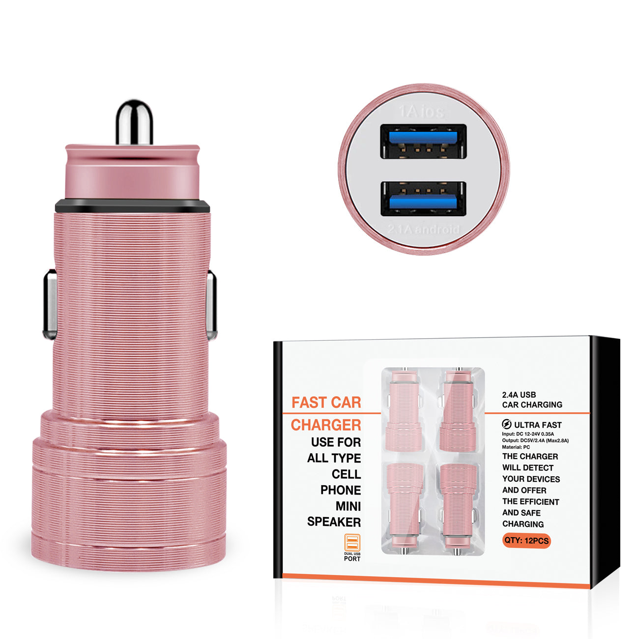 Car Charger/ Adapter USB Dual Port Rose Gold Color (12Pcs)
