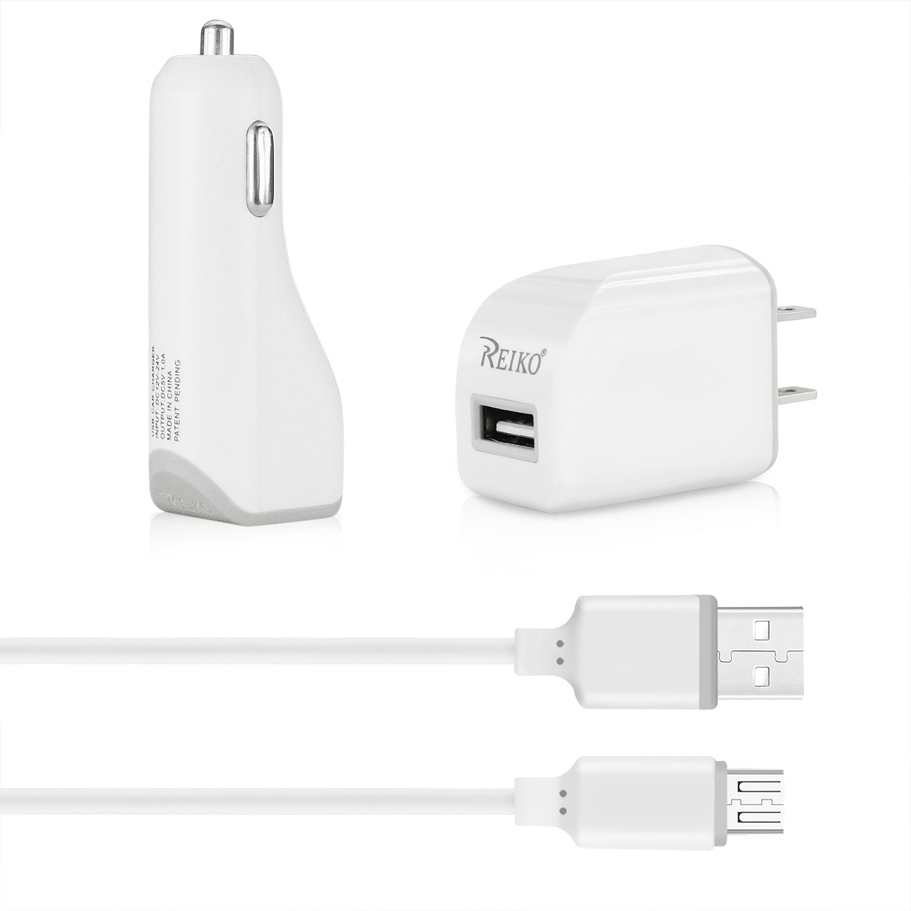 Car Charger Wall Adapter Micro With Cable USB 3-In-1 Reiko 1A White Color