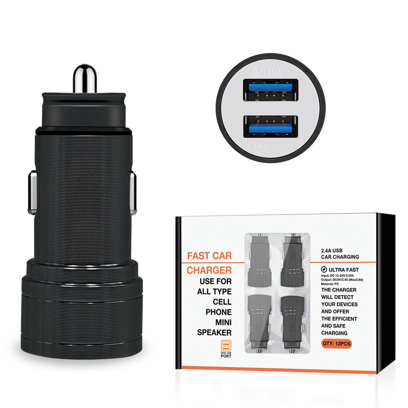 Car Charger/ Adapter USB Dual Port Black Color 12pcs