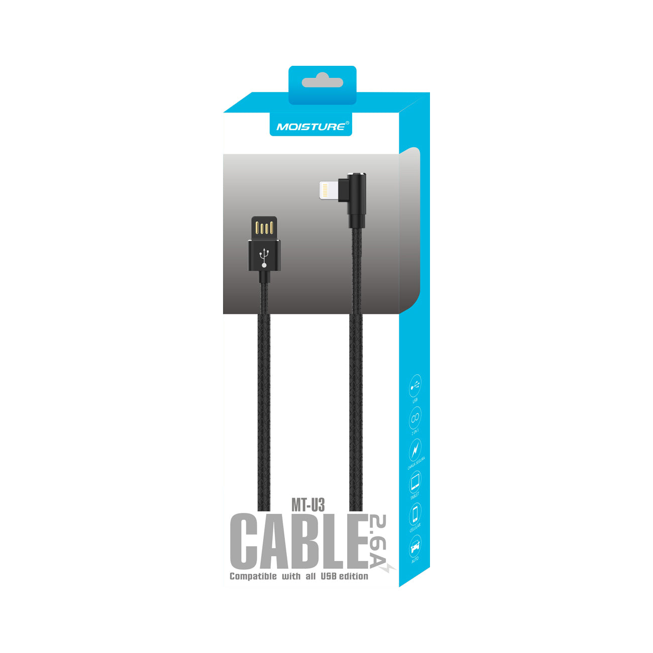 Cable USB Premium Full Steel Moisture 2.6A Black Color