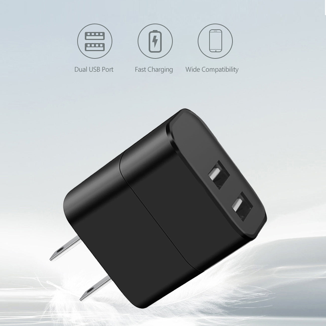 Wall Charger/ Power Adapter/ Charging Block USB Dual Port Black Color (12pcs)