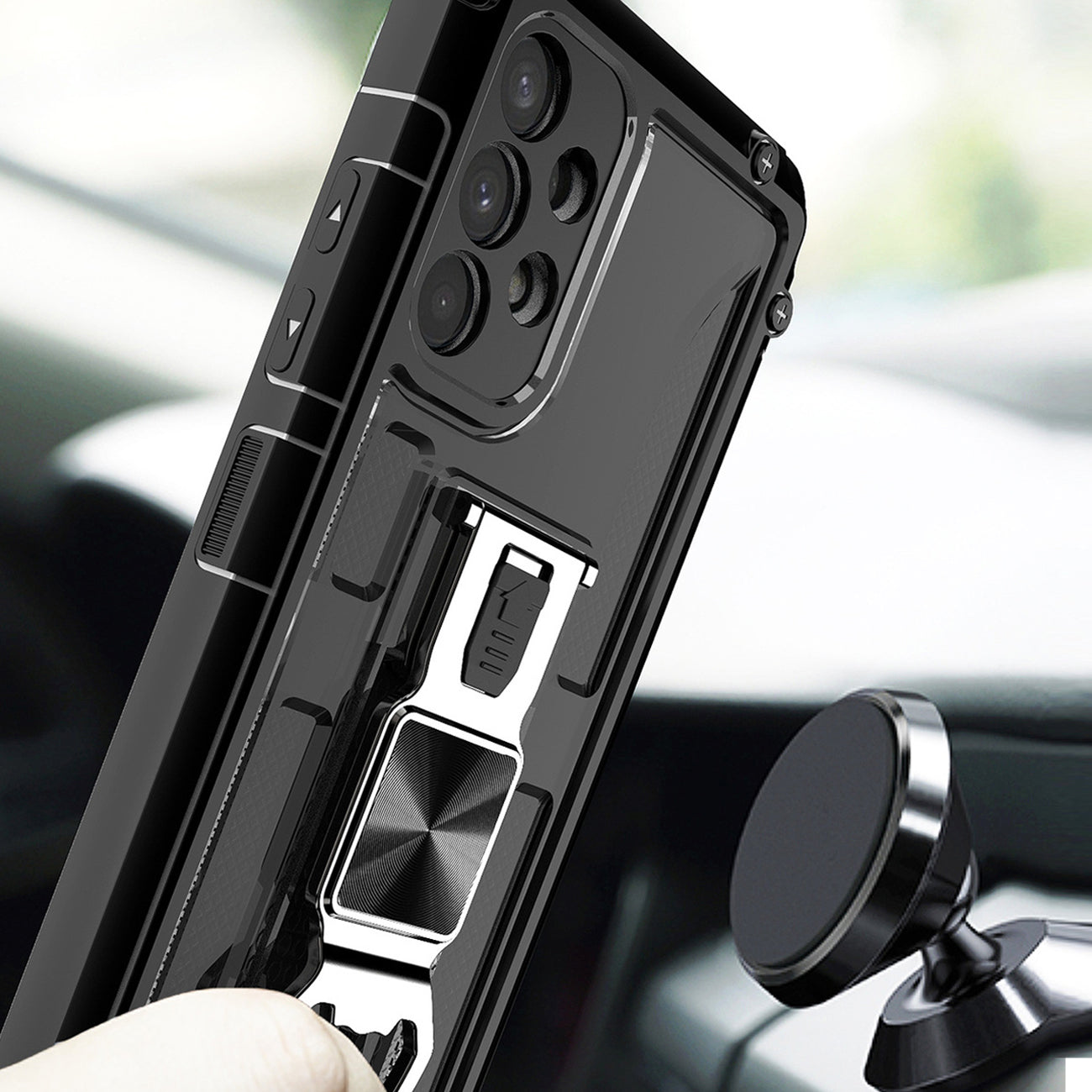 Kickstand Ring Holder/Bottle Opener with Magnetic Car Mount for Samsung Galaxy A32 In Black