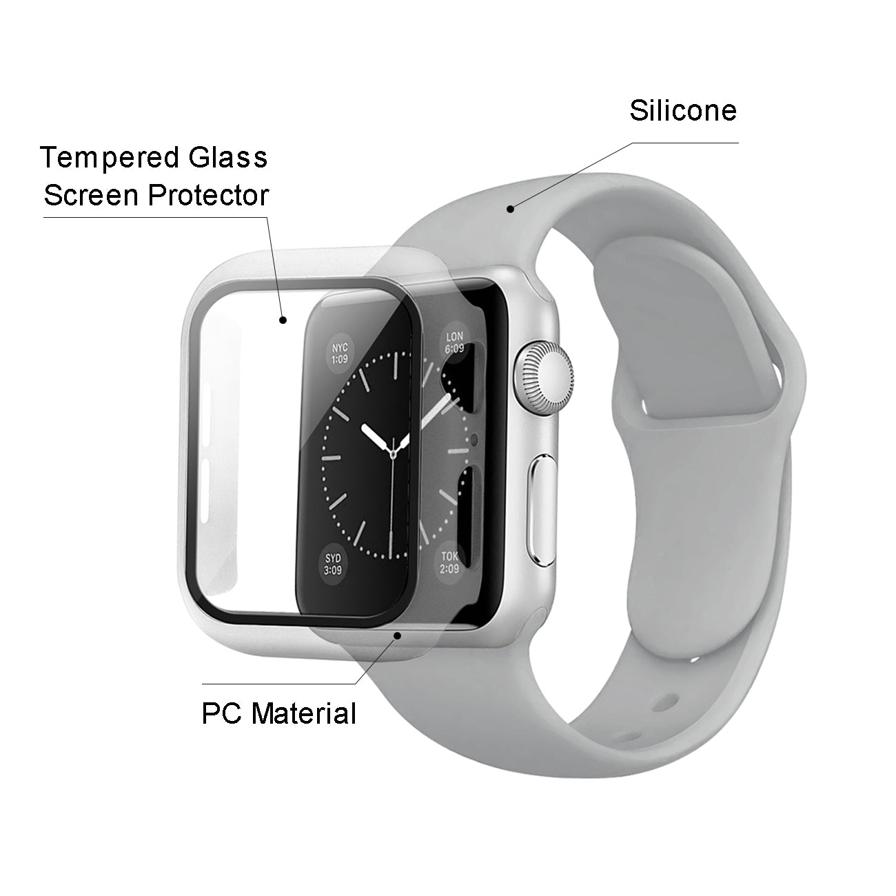 Watch Case PC With Glass Screen Protector, Silicone Watch Band Apple Watch 44mm Gray Color