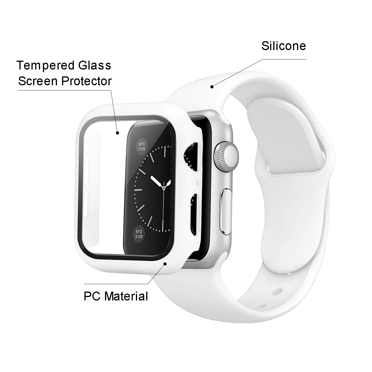 Watch Case PC With Glass Screen Protector, Silicone Watch Band Apple Watch 41mm White Color