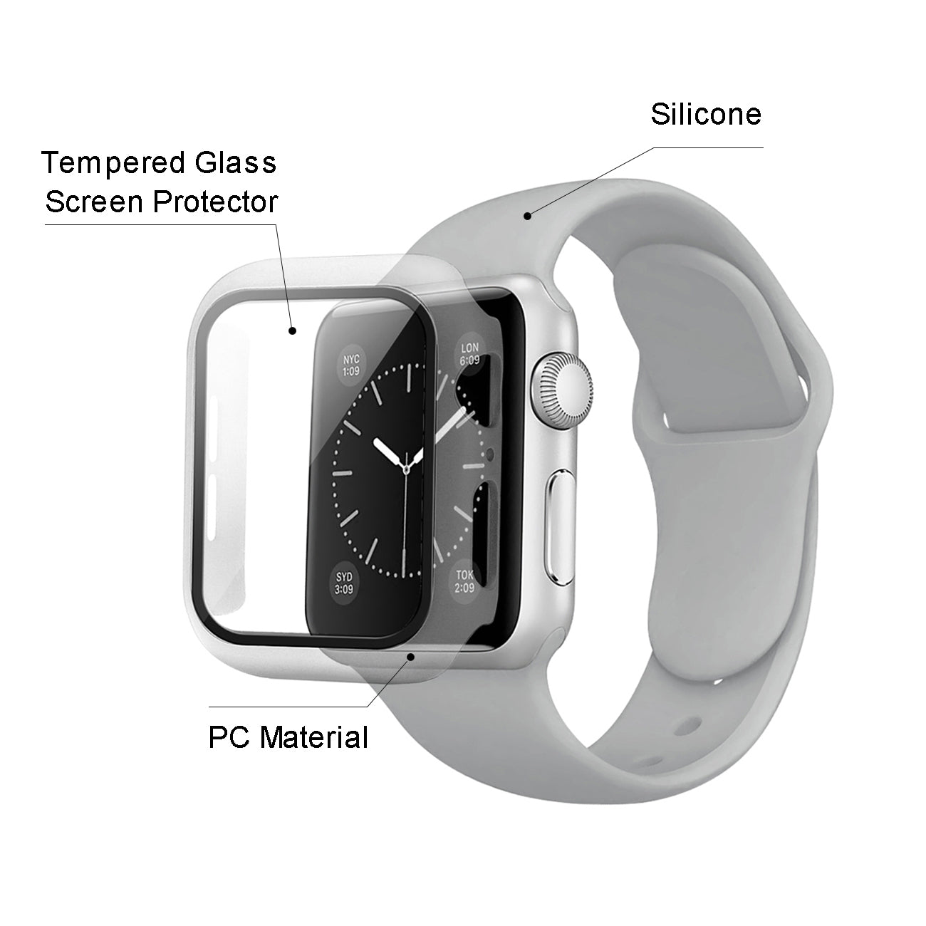 Watch Case PC With Glass Screen Protector, Silicone Watch Band Apple Watch 40mm Gray Color