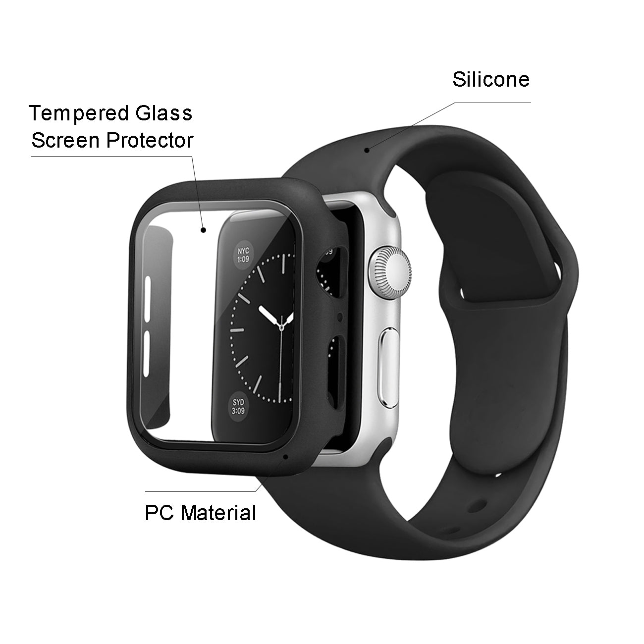 Watch Case PC With Glass Screen Protector, Silicone Watch Band Apple Watch 41mm Black Color