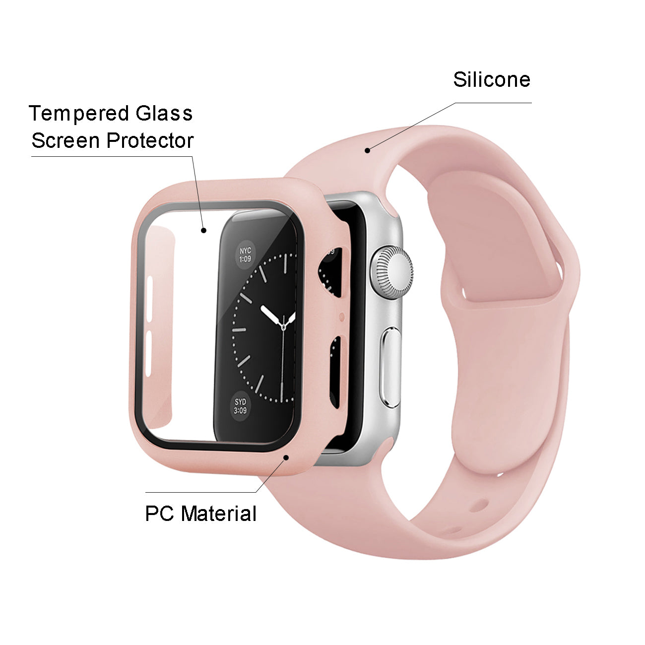 Watch Case PC With Glass Screen Protector, Silicone Watch Band Apple Watch 38mm Pink Color