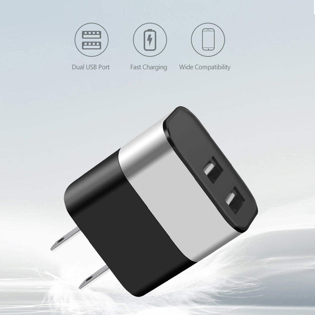 Dual Port USB Wall Charger/ Power Adapter/ Charging Block In Silver (12pcs)