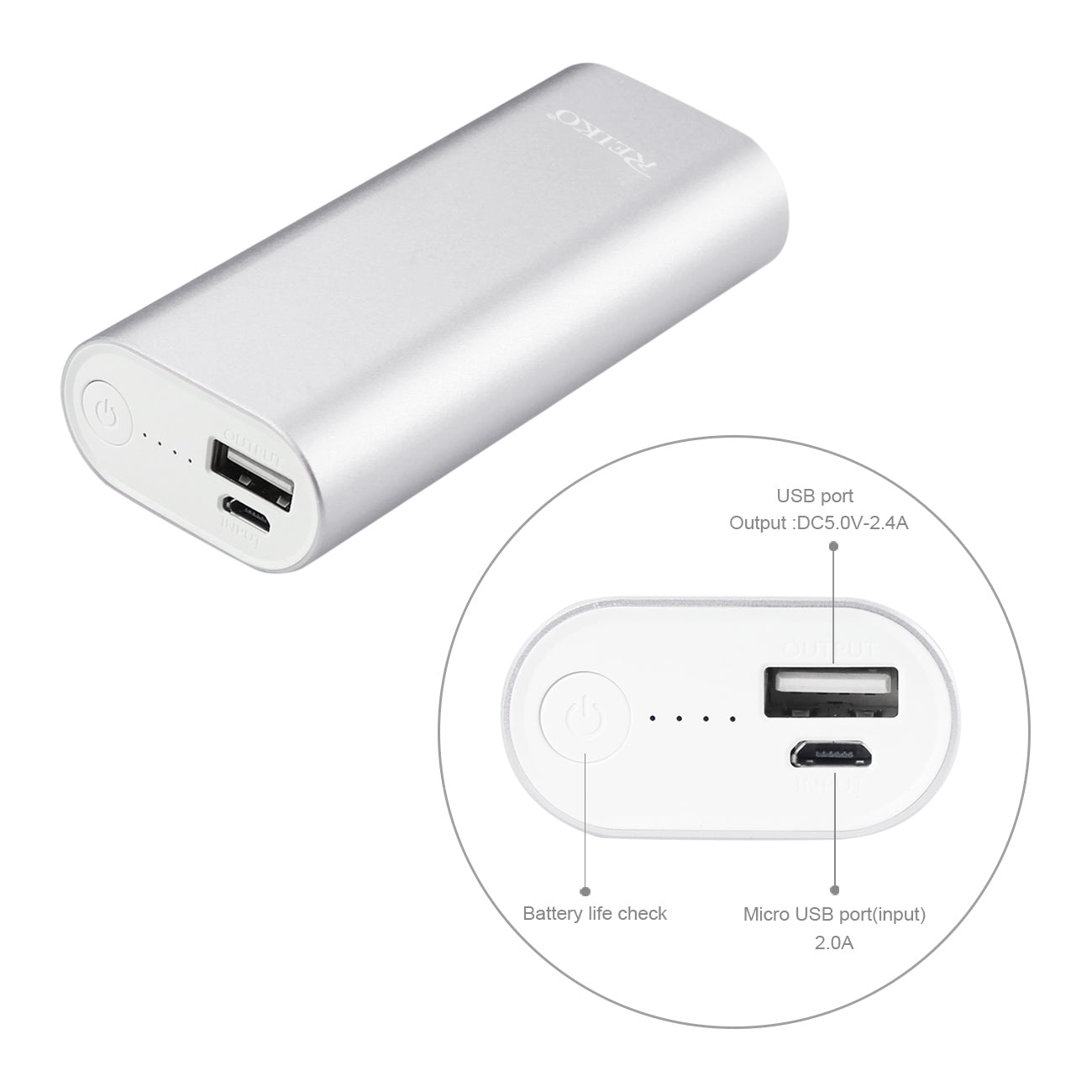 Power Bank Universal With Micro Cable 2A 5V 4800Mah Silver Color