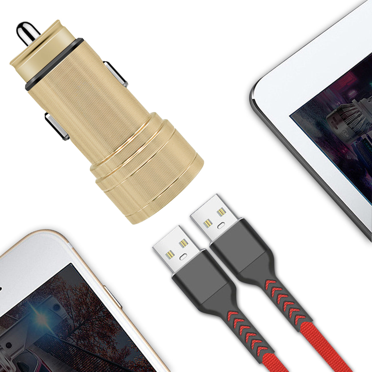 Car Charger/ Adapter USB Dual Port Gold Color (12Pcs)