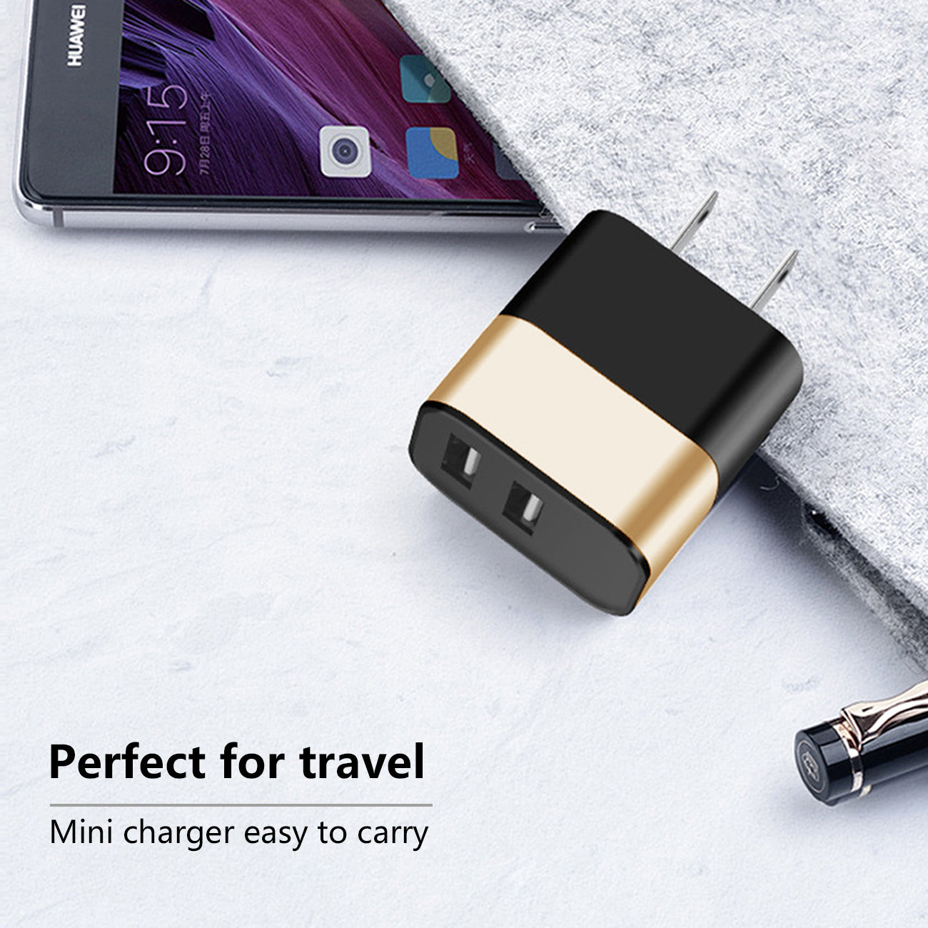 Wall Charger/ Power Adapter/ Charging Block USB Dual Port Gold Color (12Pcs)