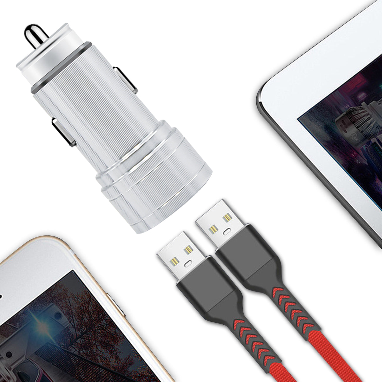 Dual Port USB Car Charger/ Adapter In Silver (12pcs)