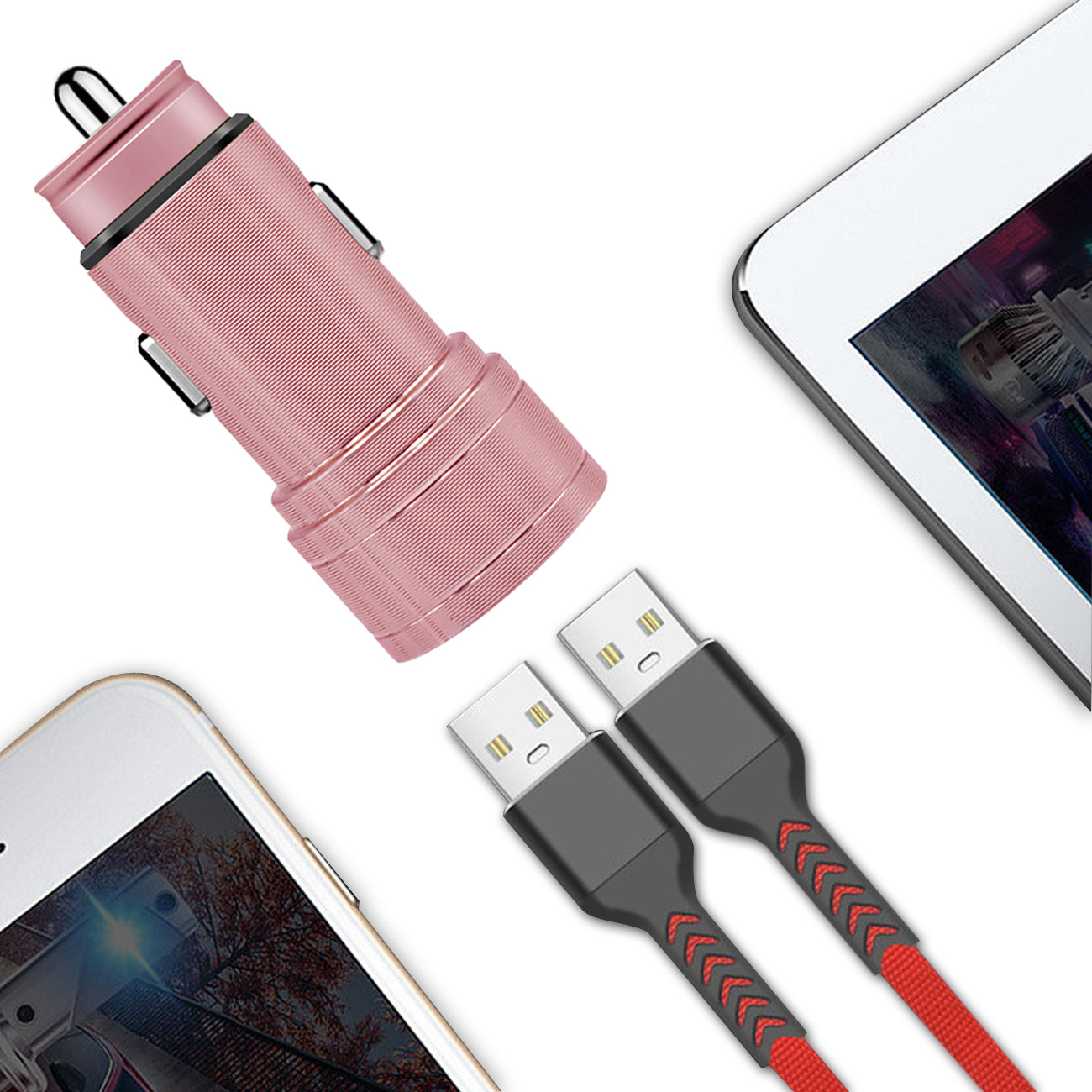 Car Charger/ Adapter USB Dual Port Rose Gold Color (12Pcs)