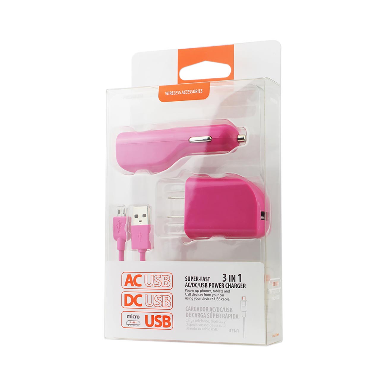 Car Charger Wall Adapter Micro With Cable USB 3-In-1 1A Hot Pink Color