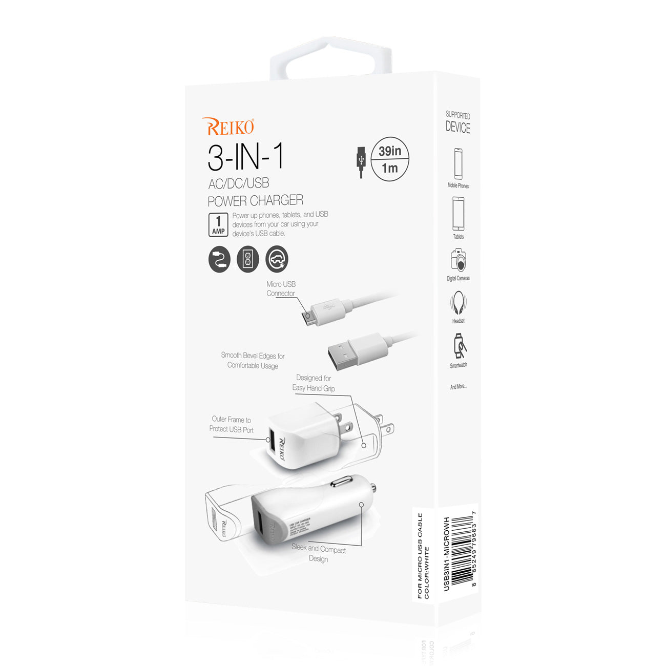 Car Charger Wall Adapter Micro With Cable USB 3-In-1 Reiko 1A White Color