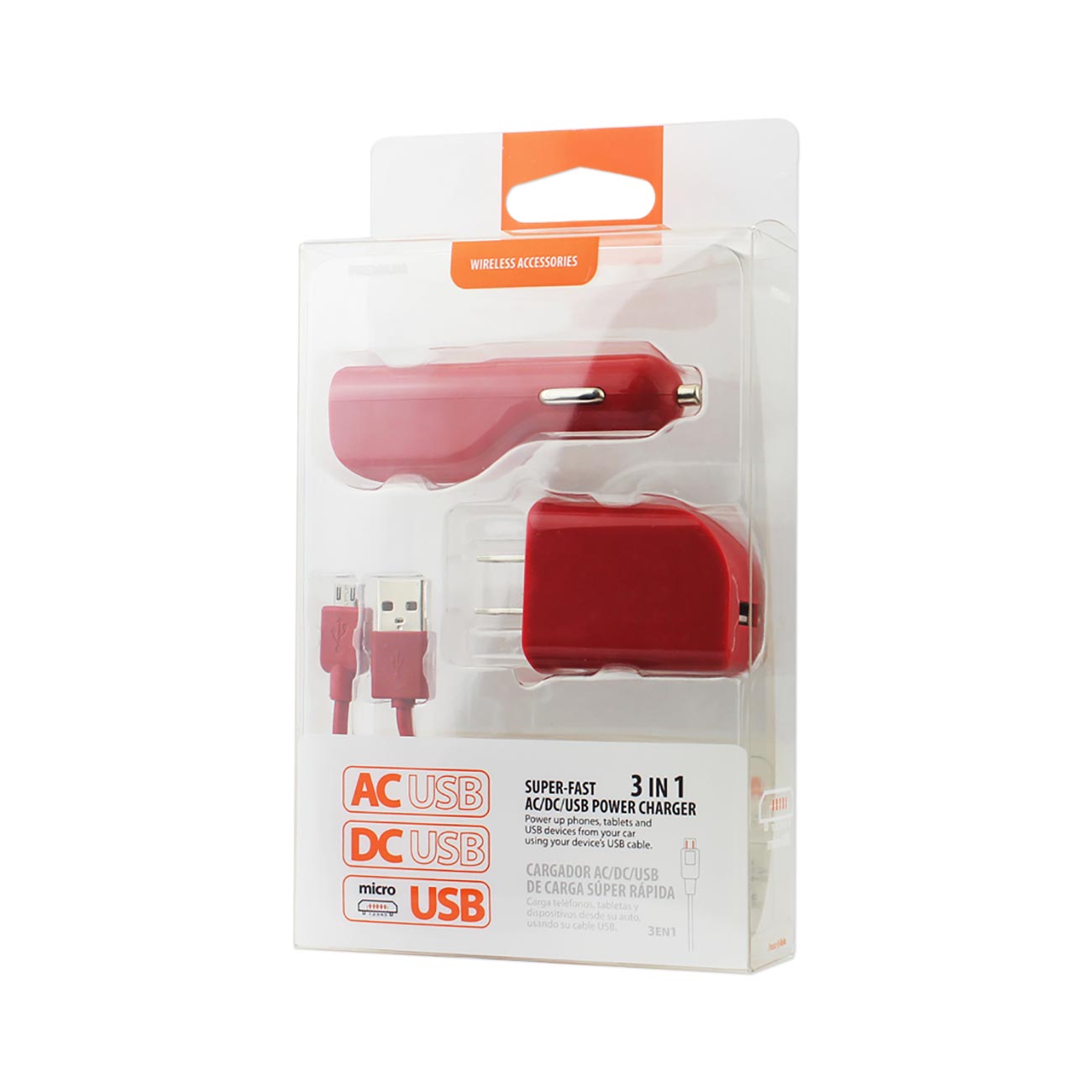Car Charger Wall Adapter Micro With Cable USB 1A 3-In-1 Red Color
