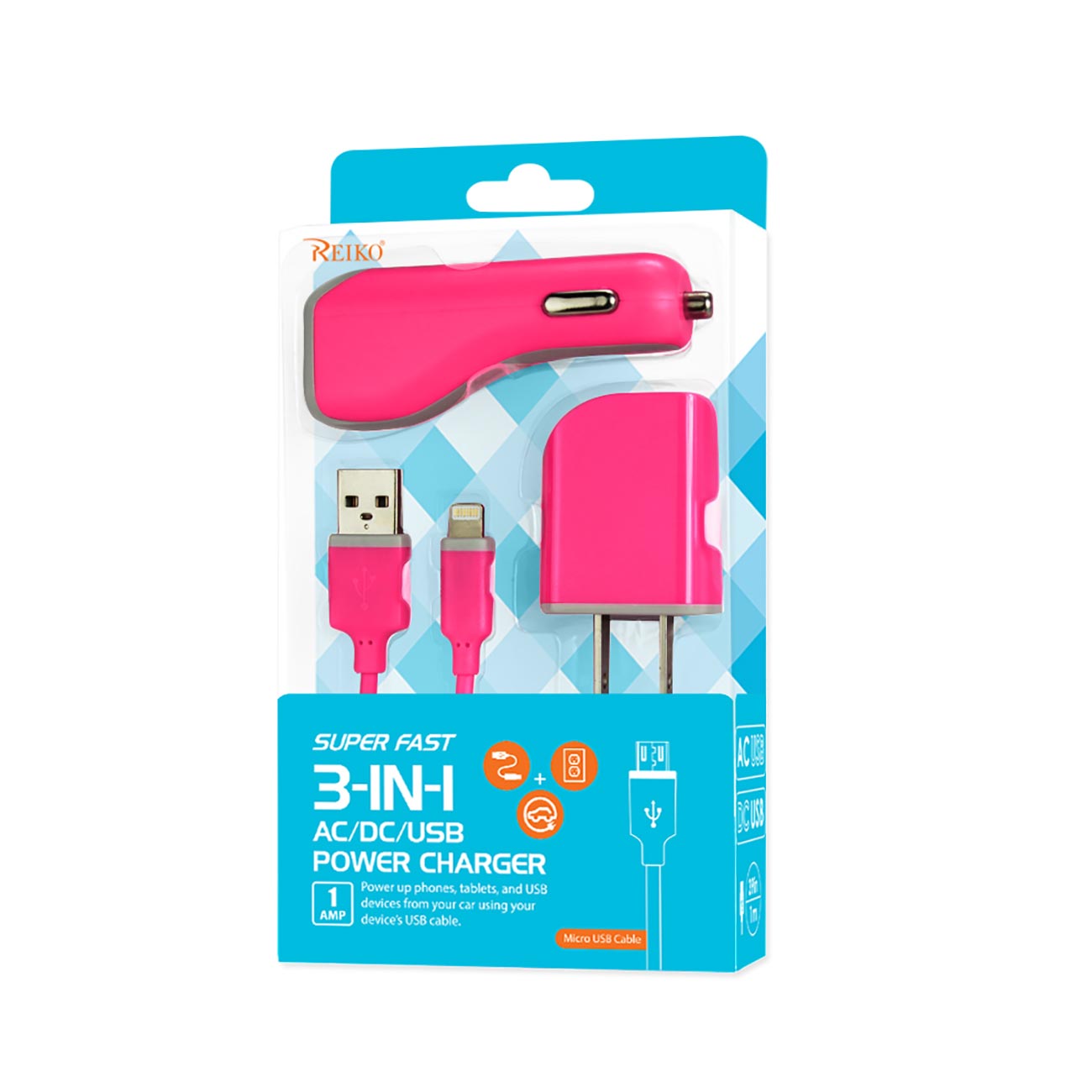 Car Charger Wall Adapter With Cable 3-In-1 iPhone SE/ 5S/ 5 1A Hot Pink Color