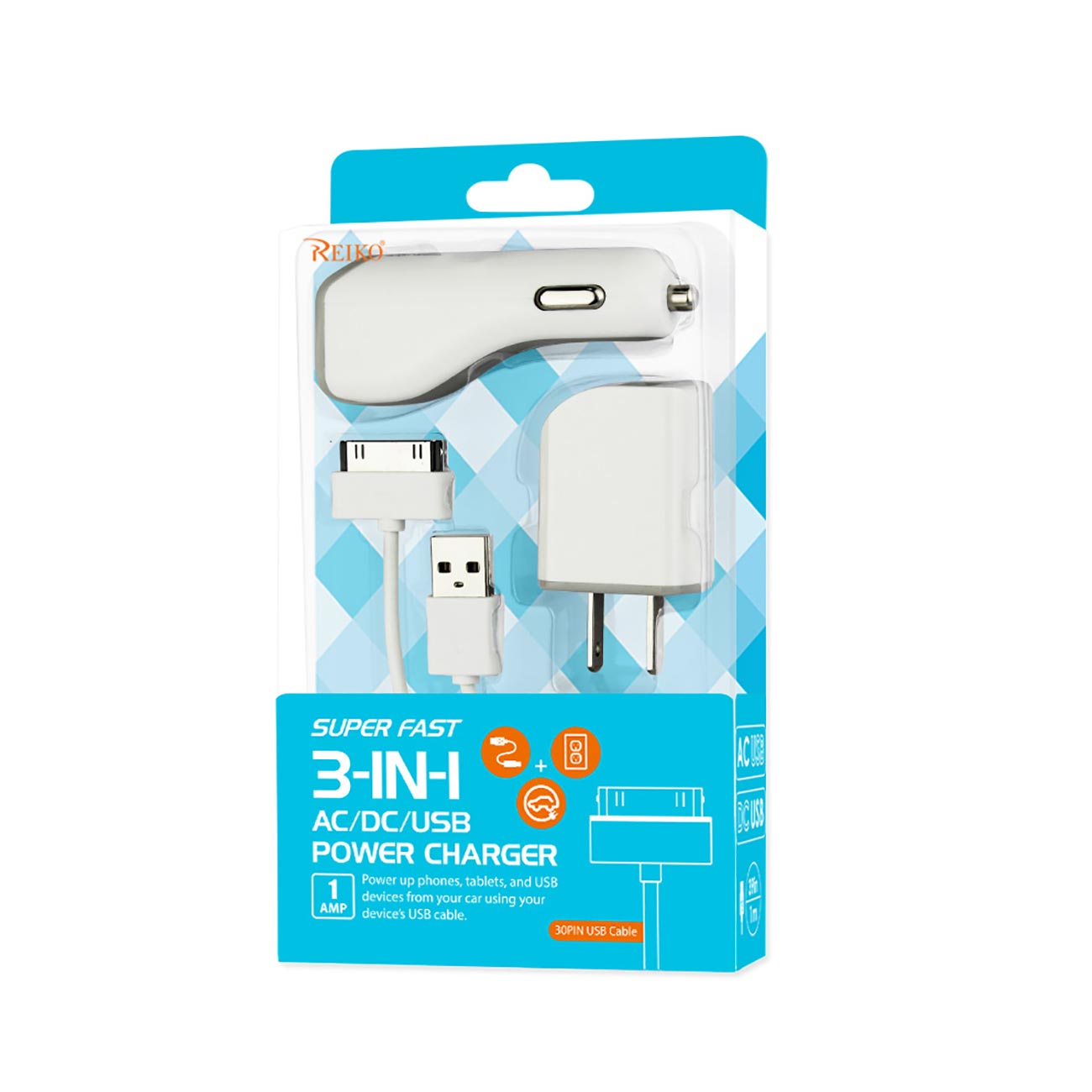 Car Charger Wall Adapter With Cable 3-In-1 iPhone 4G 1A White Color