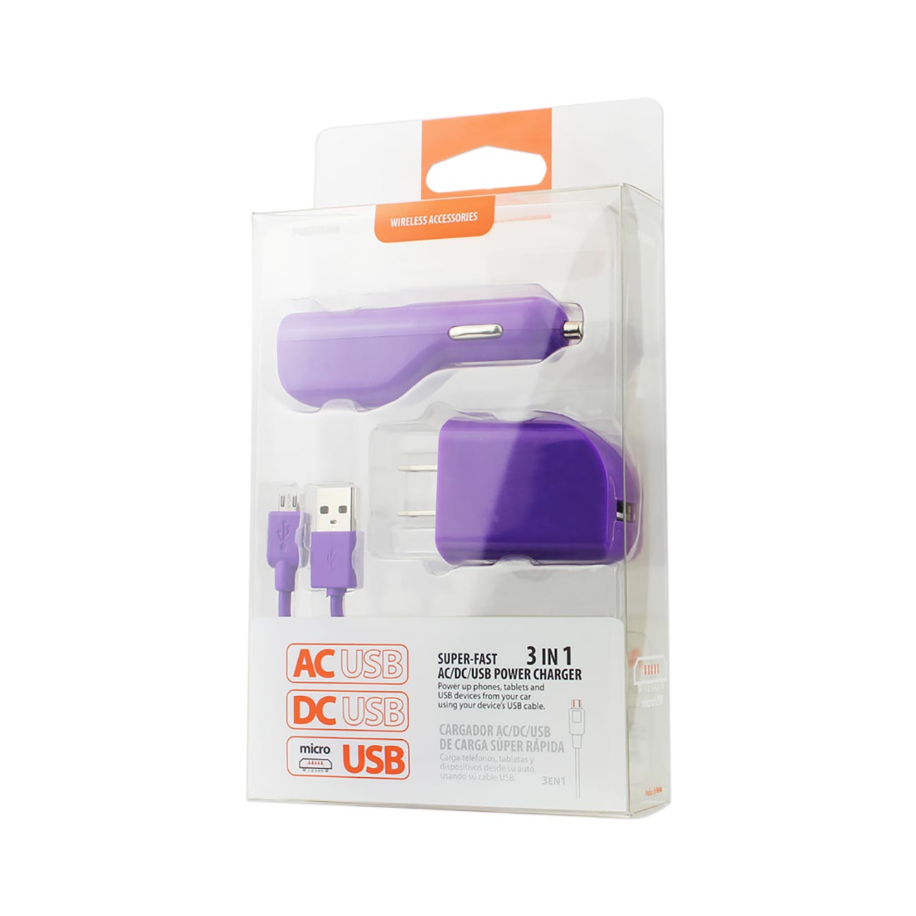Car Charger Wall Adapter Micro With Cable USB 3-In-1 1A Purple Color