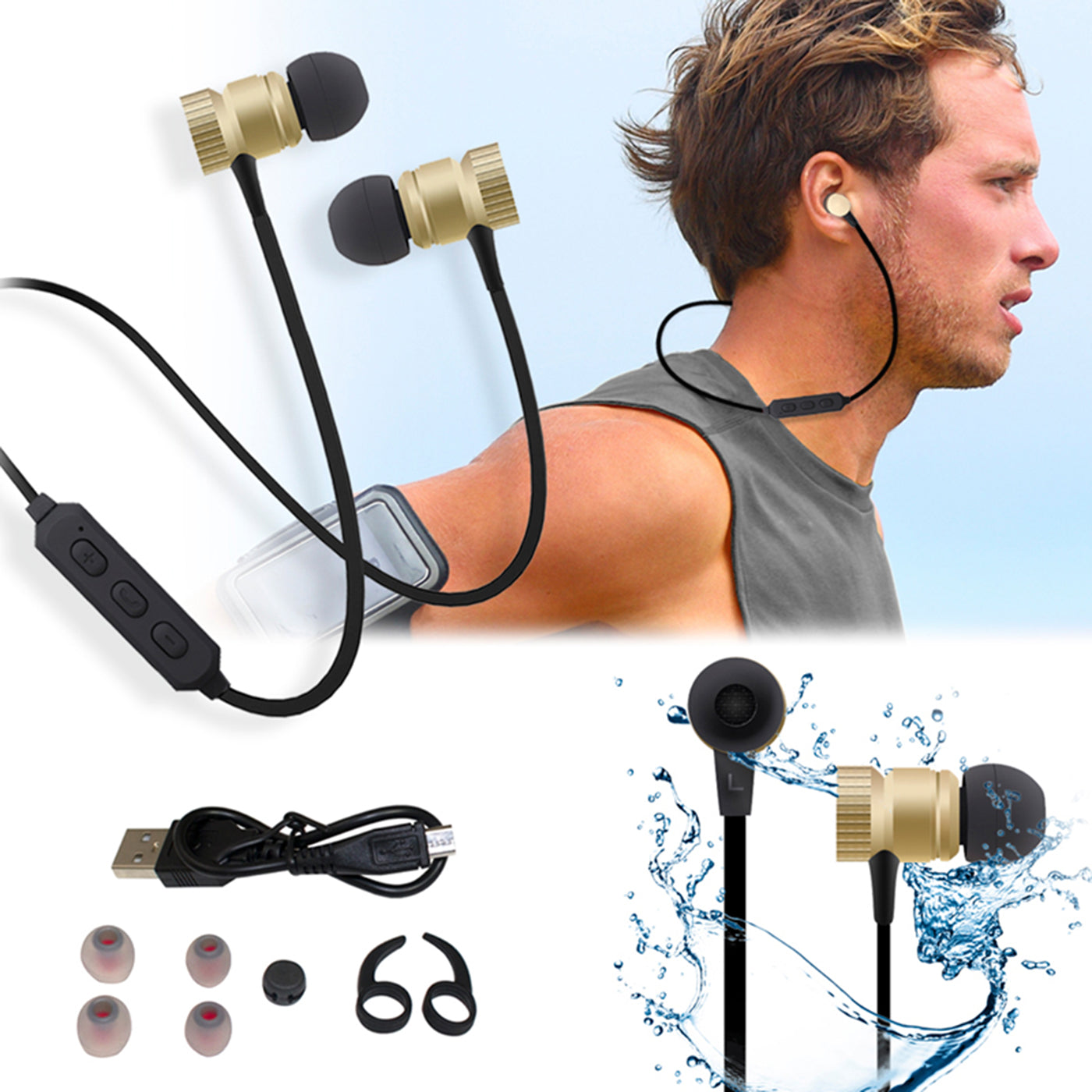 Headset Bluetooth Headphones Sports Wireless Earbuds Sweatproof M900 Gold Color