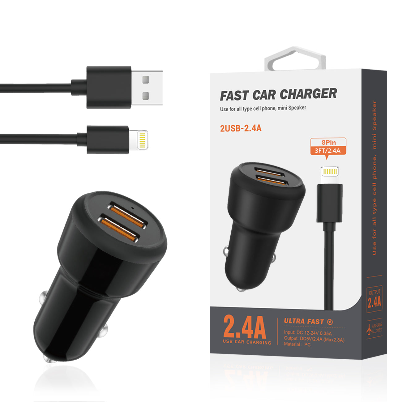 Car Charger With Built In Cable 3Ft 8 PIN Portable Black Color