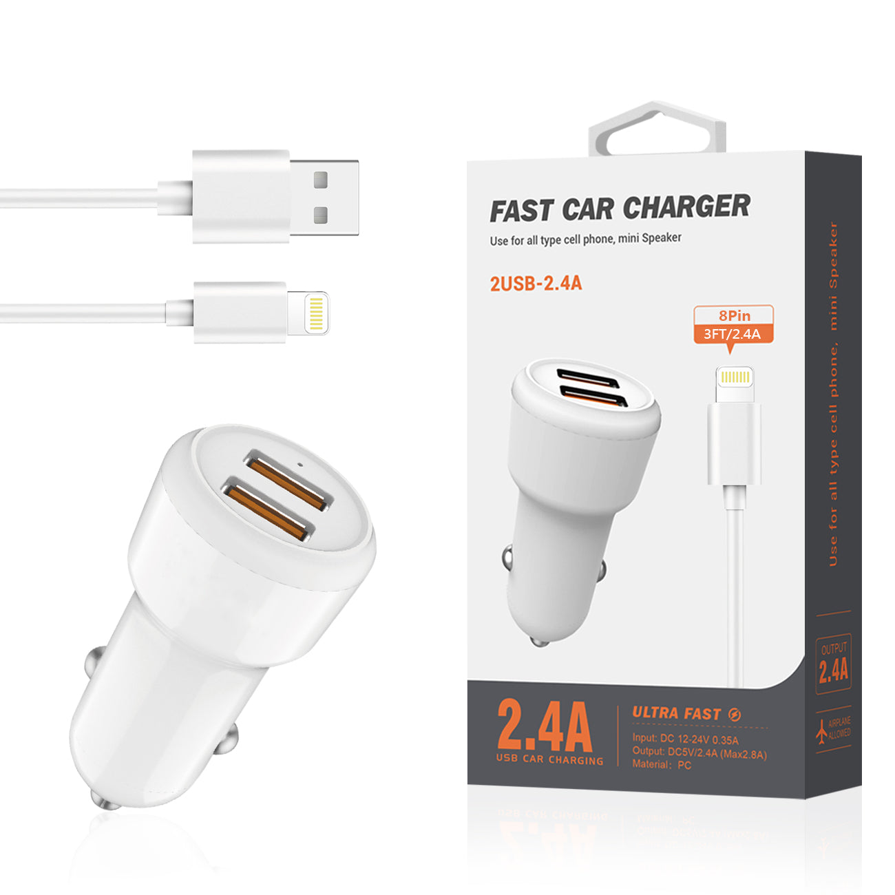 Car Charger With Built In Cable 3Ft 8 PIN Portable White Color